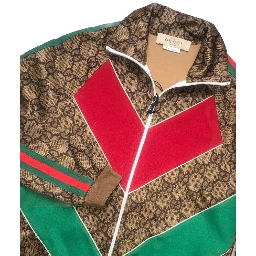 Gucci Monogram Track Jacket Technical Jersey W/Web Print Unisex M Vtg‎ Camel NEW